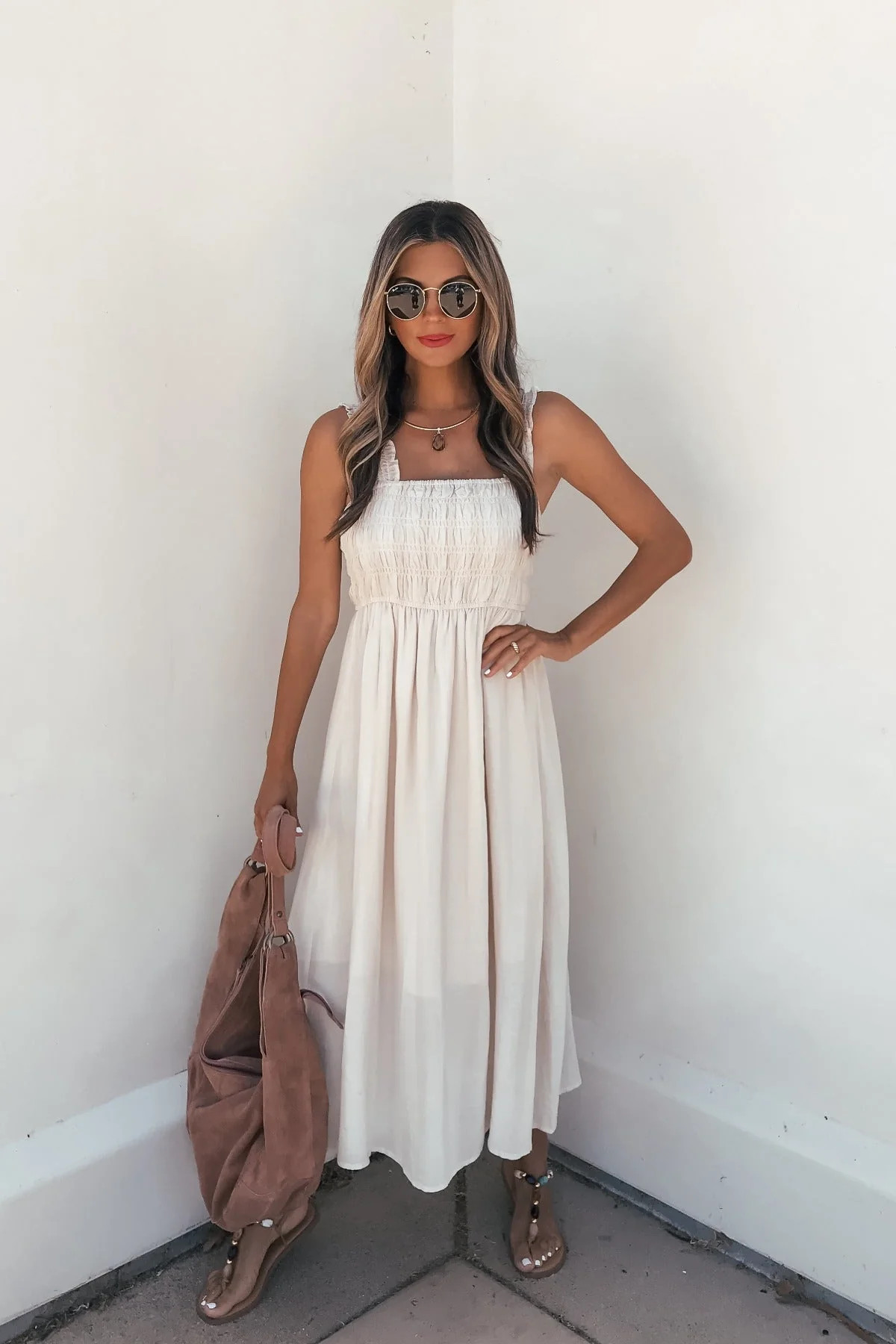 Women's Arwen Ruffle Smocked Midi Dress - Natural | Magnolia Boutique