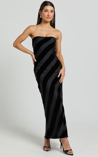 Genevieve Midi Dress - Strapless Stripe Burnout Dress in Black Stripe | Showpo (US, UK & Europe)