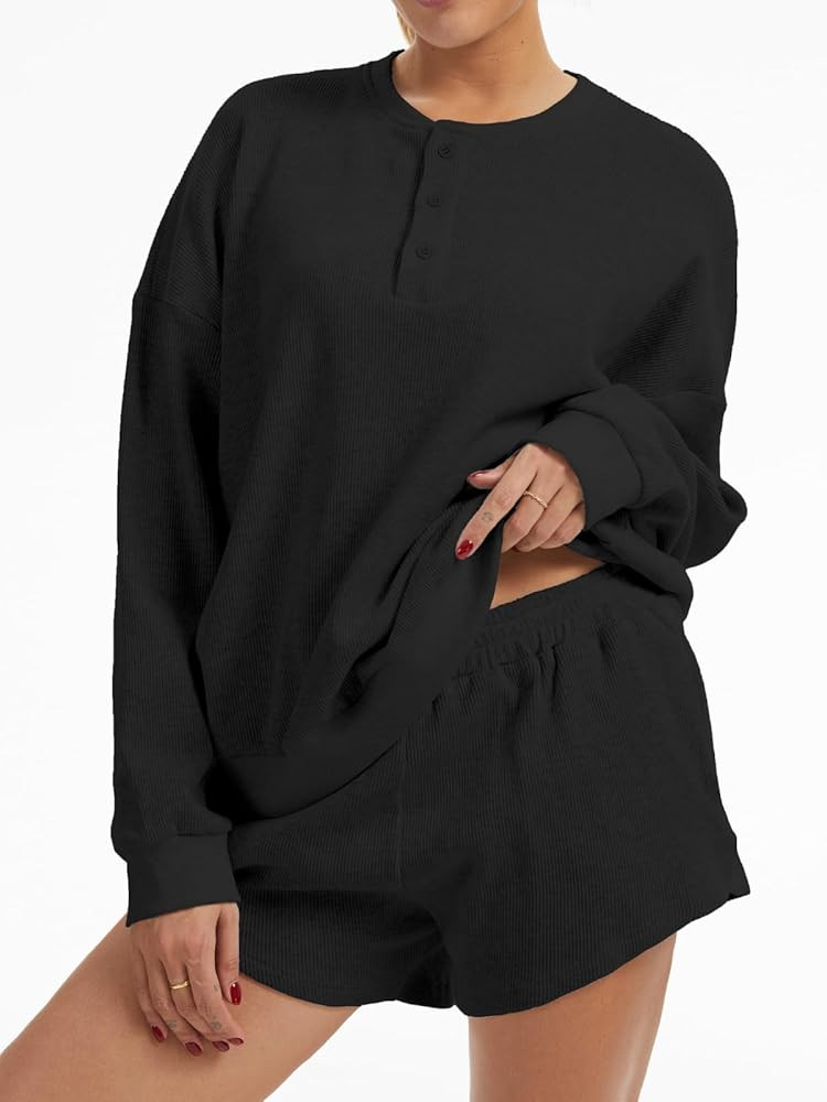 AnotherChill Women's Oversized Waffle Knit Lounge Set Long Sleeve Sweatshirt and High Waisted Sho... | Amazon (US)