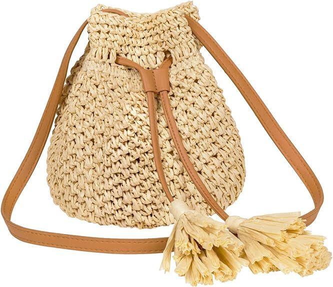 LUKATU Straw Bucket Crossbody Bag Women Drawstring Handwoven Shoulder Bag Summer Beach Tote Bag | Amazon (US)