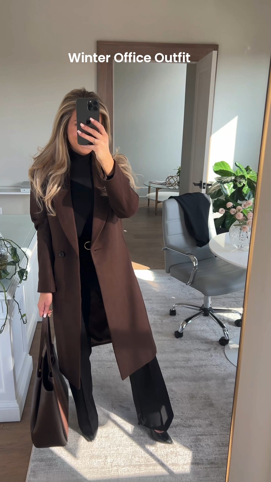 Loving this winter office outfit- brown on black is sooo chic! If you don’t already have a good pair of black pants- girls these should be your next purchase.! Soo good! Wearing size XS in trousers length 32 for extra length. Size XS in coat! 

#LTKWorkwear #LTKFindsUnder50 #LTKootd