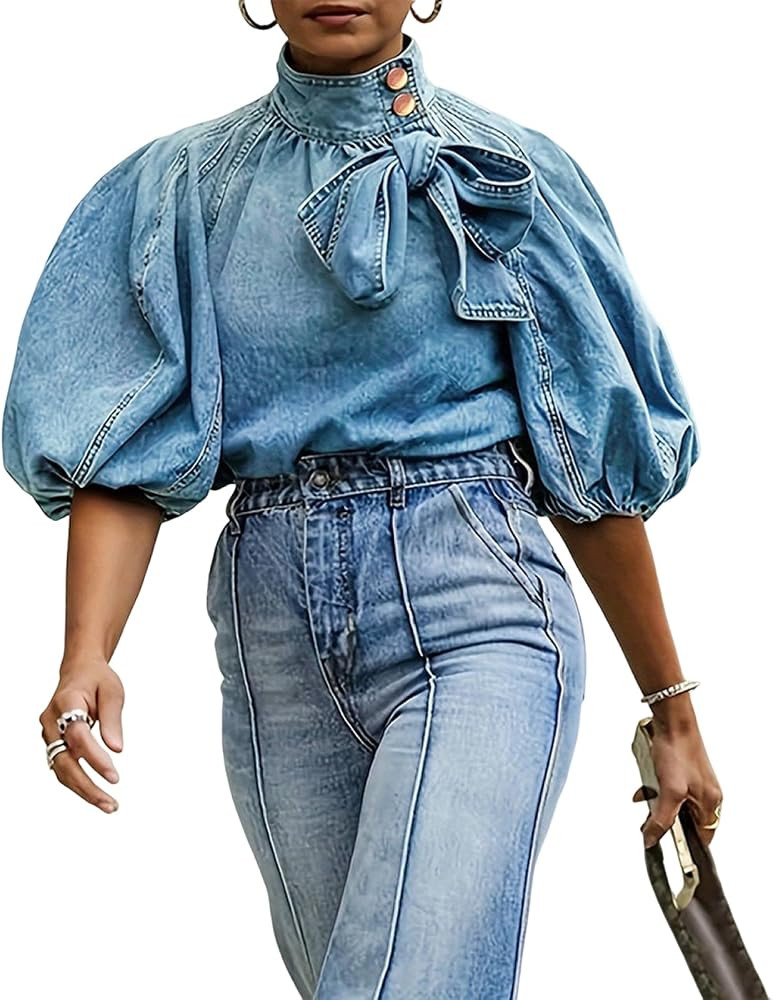 Women's Bow Design Denim Pullover Top Button Up High Neck Fashionable Jacket With Elastic And Puf... | Amazon (US)