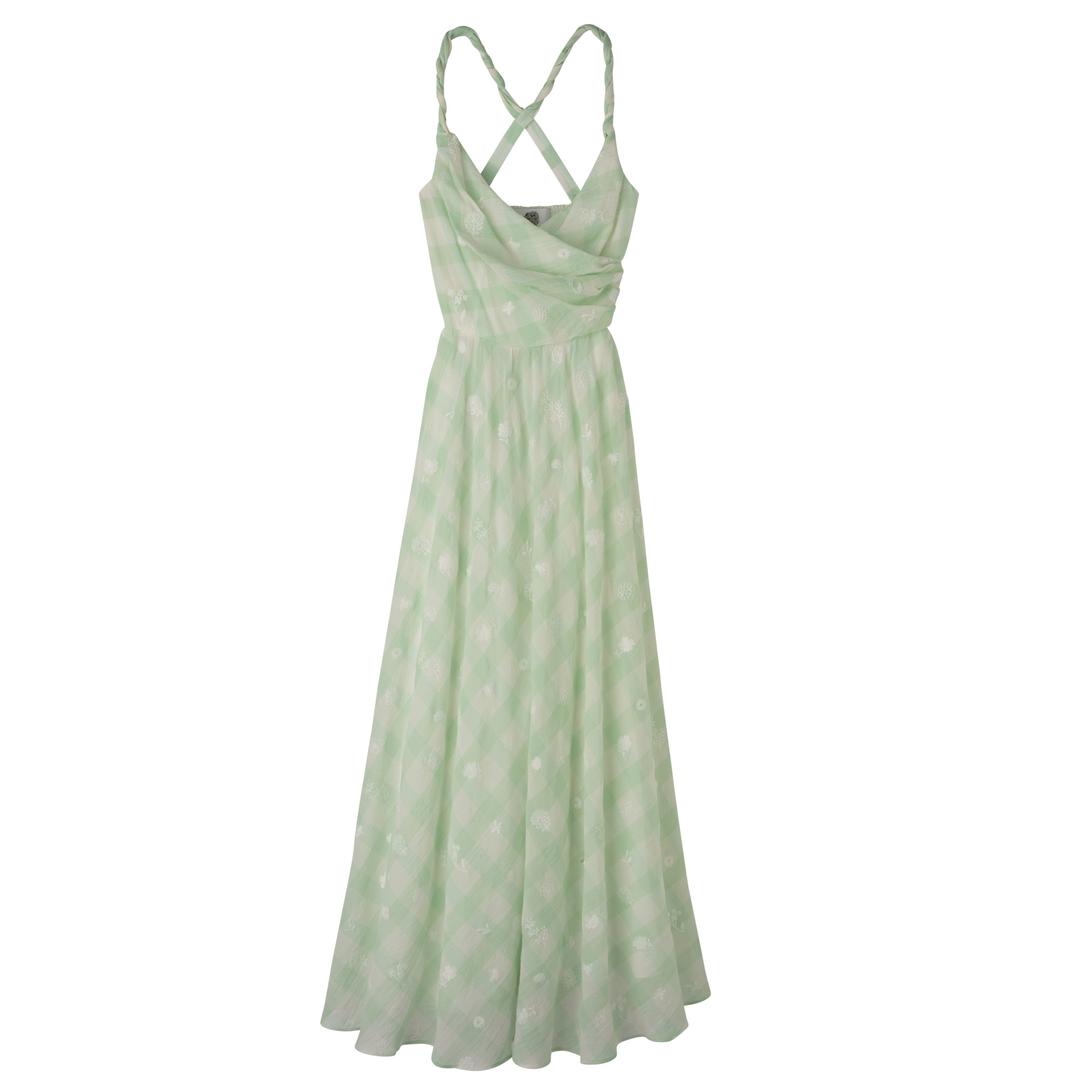 Long dress Aqua Green - Vichy jacquard embroidered | Longchamp US | Longchamp