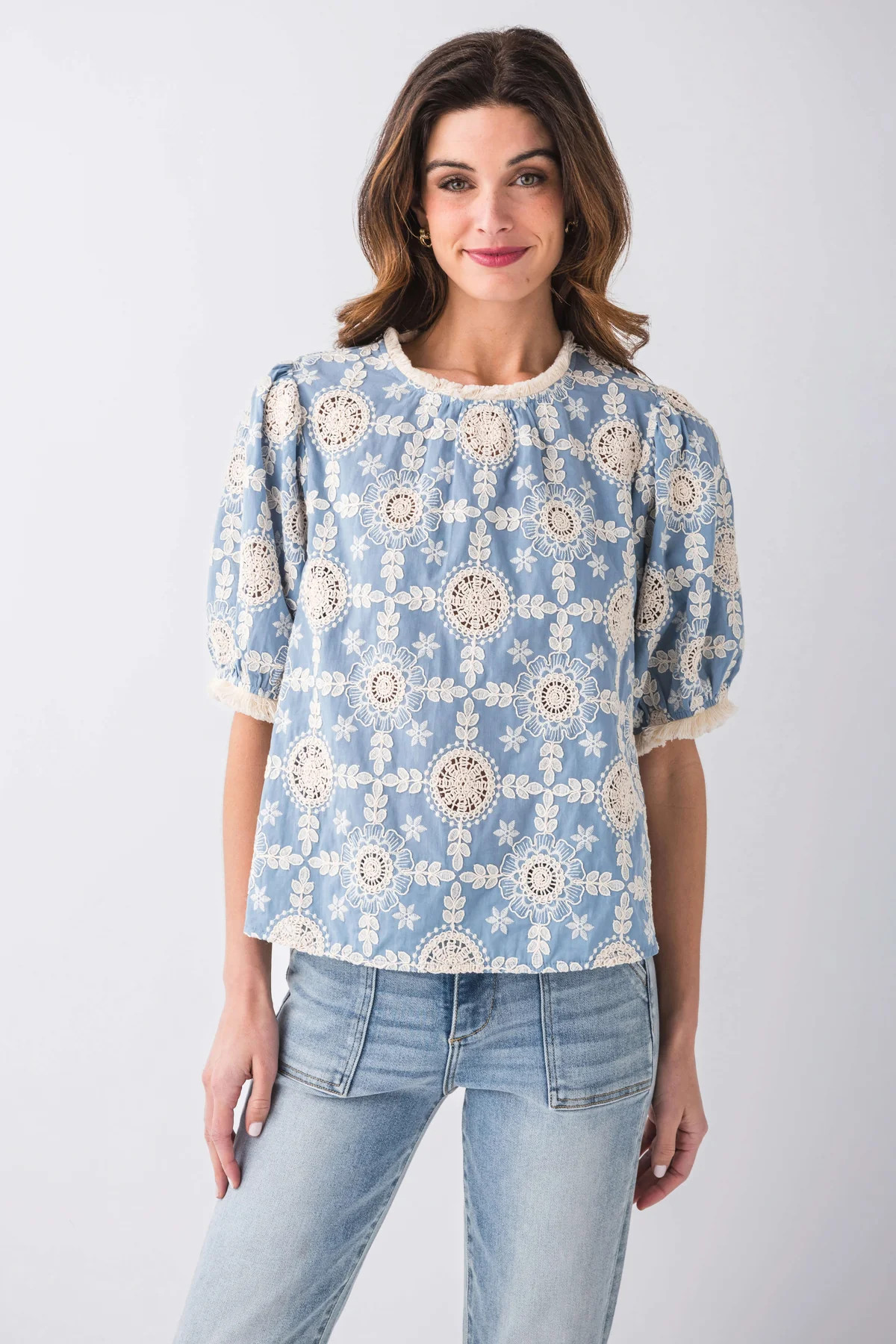 Voy Tegan Embroidered Cotton Fringe Detailed Summer Top | Social Threads