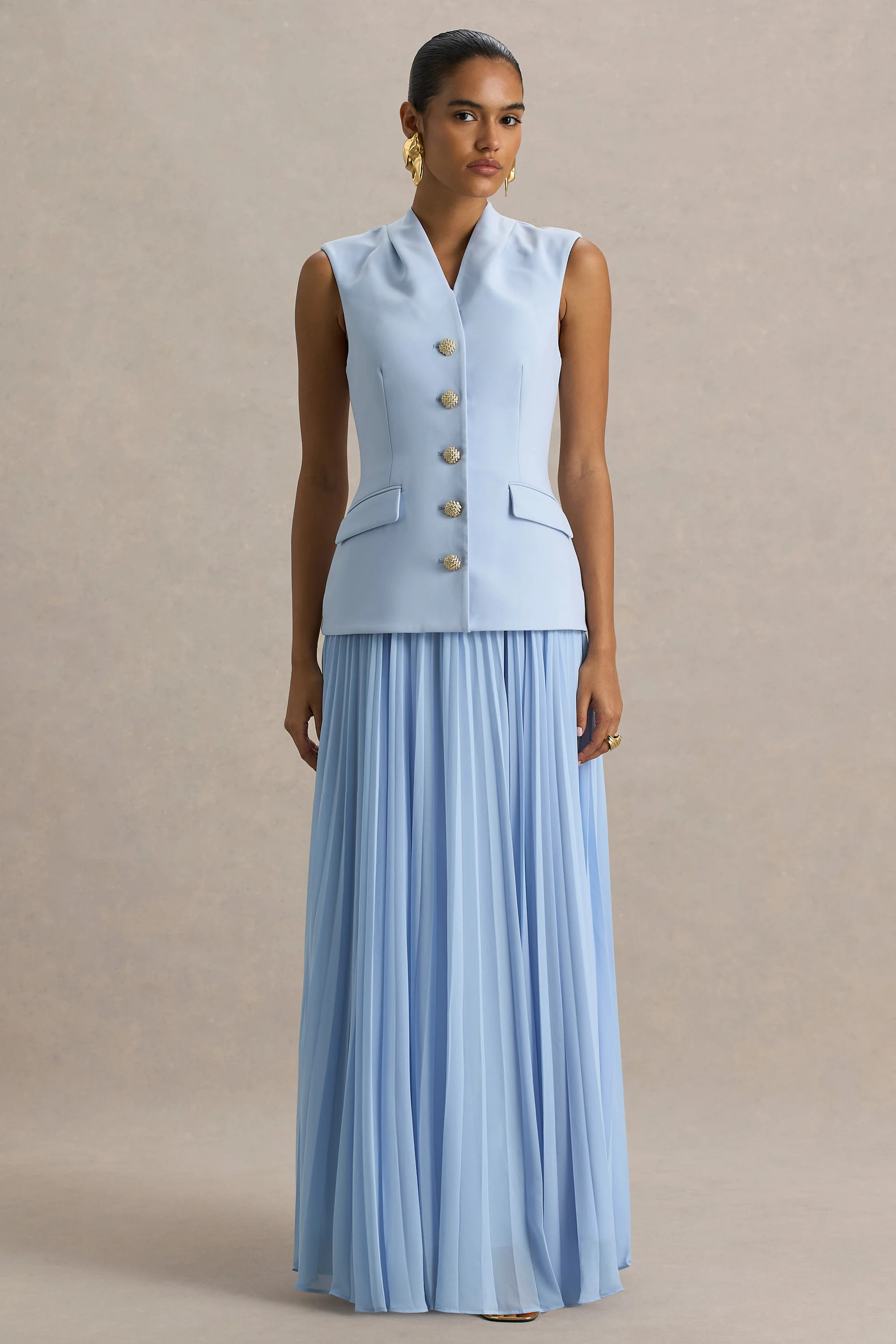 Heavenly | Powder Blue High Neck Maxi Dress With Pleated Detailing | Club L London