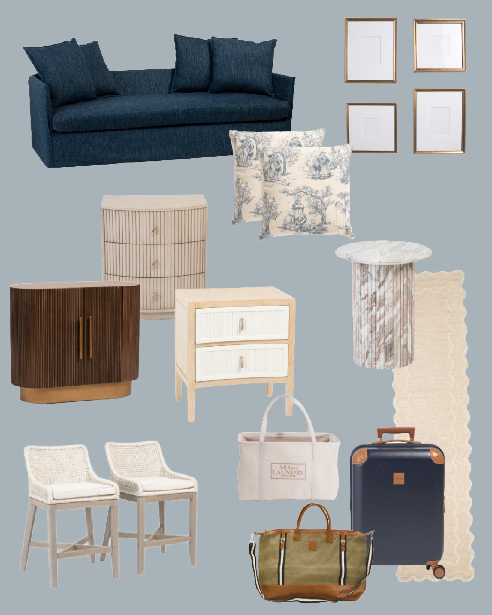 Linen navy sofa loveseat, blue toile throw pillows, solid marble fluted side table, navy Brics carryon bag, green khaki weekender bag, fluted wood bar cabinet, neutral three drawer nightstand, indoor outdoor woven counter stools, neutral scalloped wool runner rug 

#LTKHome #LTKFindsUnder100 #LTKSaleAlert