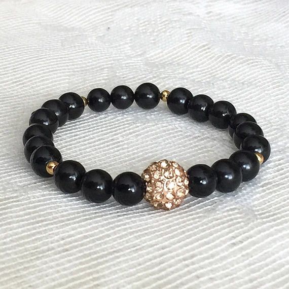 Black Bead Bracelet, Black Bracelet, Black Stretchy Bracelet, Black and Gold Bracelet, Black Bangle, | Etsy (US)