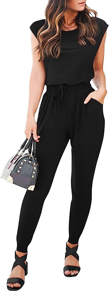 ANRABESS Women's Summer Casual Cap Sleeve Crewneck High Wasit Jumpsuits Rompers with Pockets | Amazon (US)