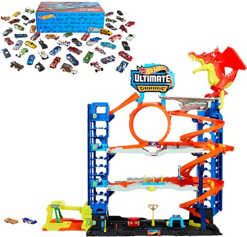 Hot Wheels City Ultimate Garage Playset with 2 Die-Cast Cars, Toy Storage for 50+ 1:64 Scale Cars, 4 Levels of Track Play + 50-Pack of 1:64 Scale Vehicles | Amazon (US)