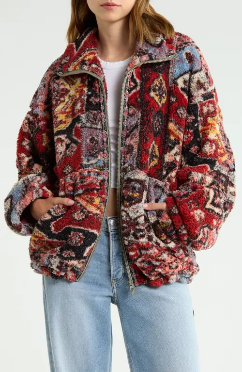 BDG Urban Outfitters Mae Print Fleece Zip Front Sweatshirt in Red at Nordstrom, Size Small | Nordstrom