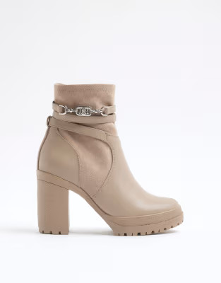 River Island Hardware strap heeled boots in beige | ASOS | ASOS (Global)