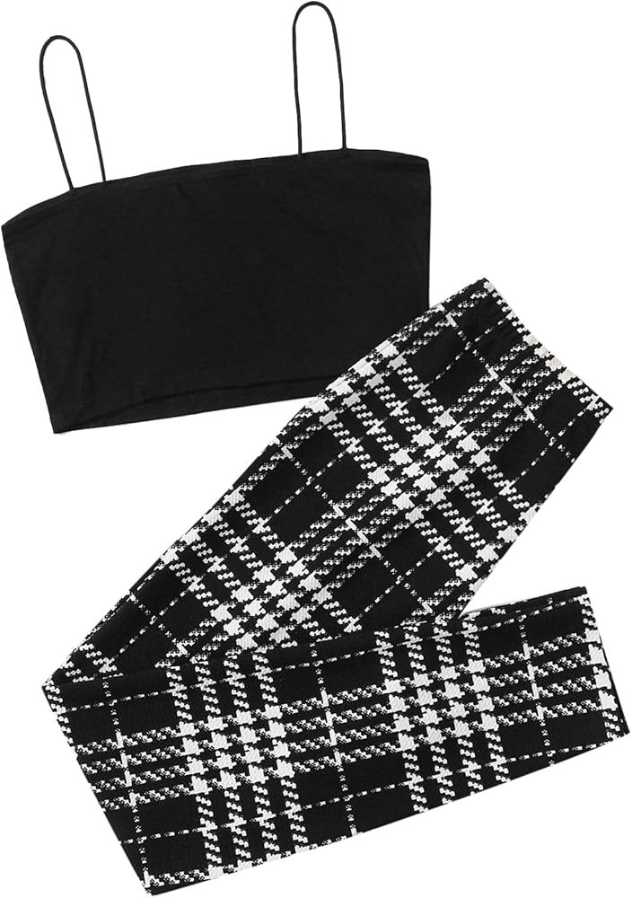 SweatyRocks Women's 2 Piece Outfits Spaghetti Strap Crop Top with Plaid Pants Set | Amazon (US)