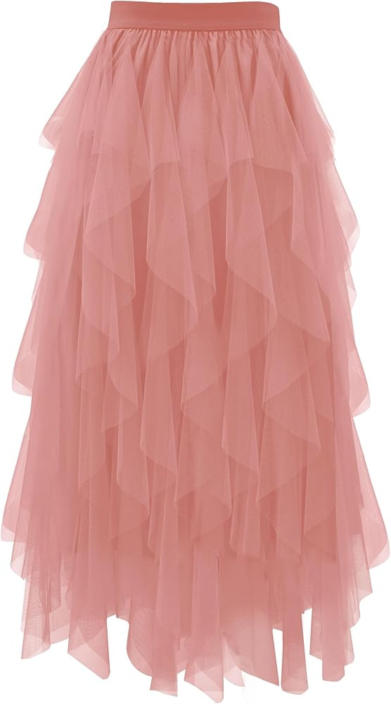 Tulle Skirts for Women A Line Fairy Tiered Skirt Midi Length High Elastic Waist Long Skirt | Amazon (US)