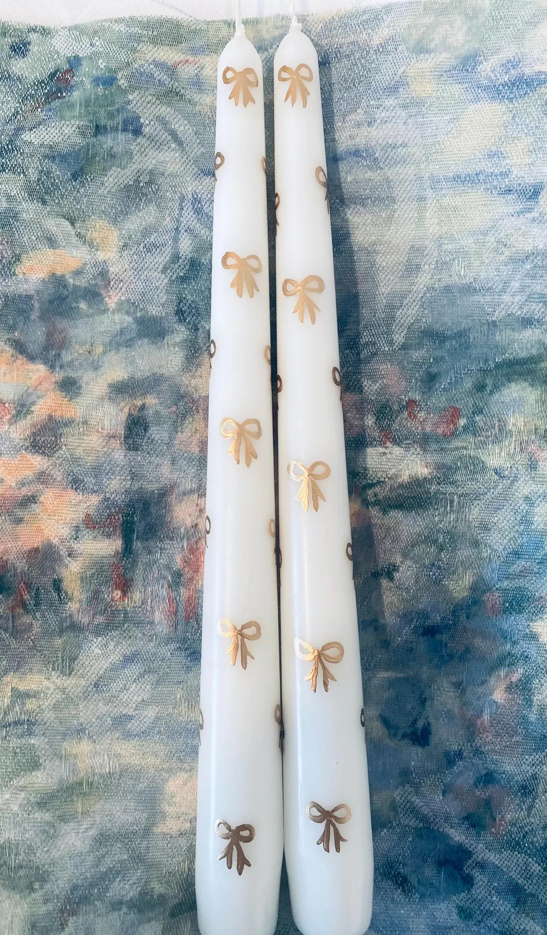 Set of 2 Gold Bow Taper Candles Handpainted 10” Cottage Style Decor Cute Christmas Bow Candlest... | Etsy (US)