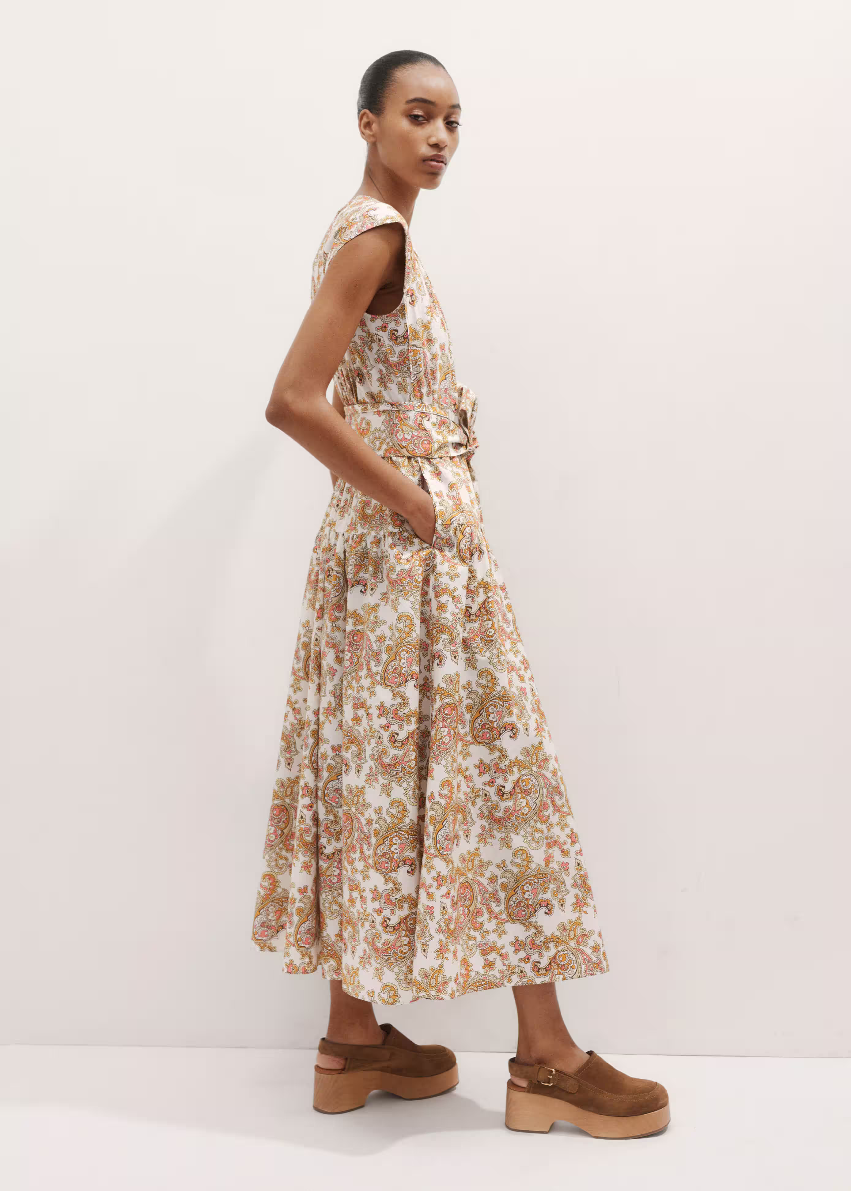 Women's Cream Cotton Poplin Geo Paisley Print Maxi Dress + Belt | ME+EM | ME+EM Global (Excluding US)