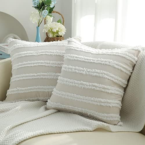 Pallene Boho Decorative Throw Pillow Covers 20x20 Inch, Set of 2 Beige Cotton Linen Couch Pillow Cov | Amazon (US)