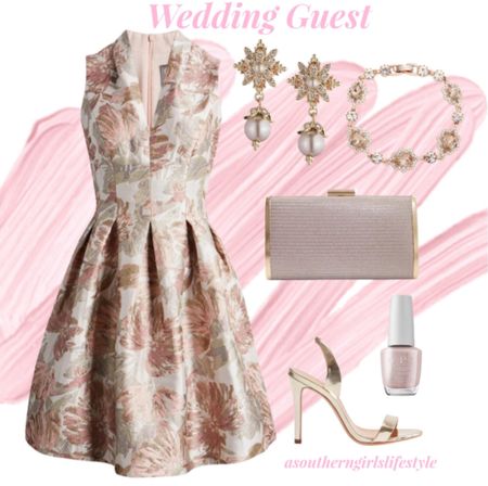 Wedding Guest Dress/Special Occasion Glam Outfit 

Metallic Jacquard Sleeveless Fit & Flare Dress, Blush Pearl Floral Crystal Post Drop Earrings, Rose Gold Pear Stone Crystal Line Bracelet, Rose Gold Metallic Box Clutch Bag, OPI Nail Polish & Gold Slingback Heels

Summer Outfit. Vince Camuto. Marchesa.  Schultz. Dune London  

#LTKStyleTip #LTKSeasonal #LTKWedding