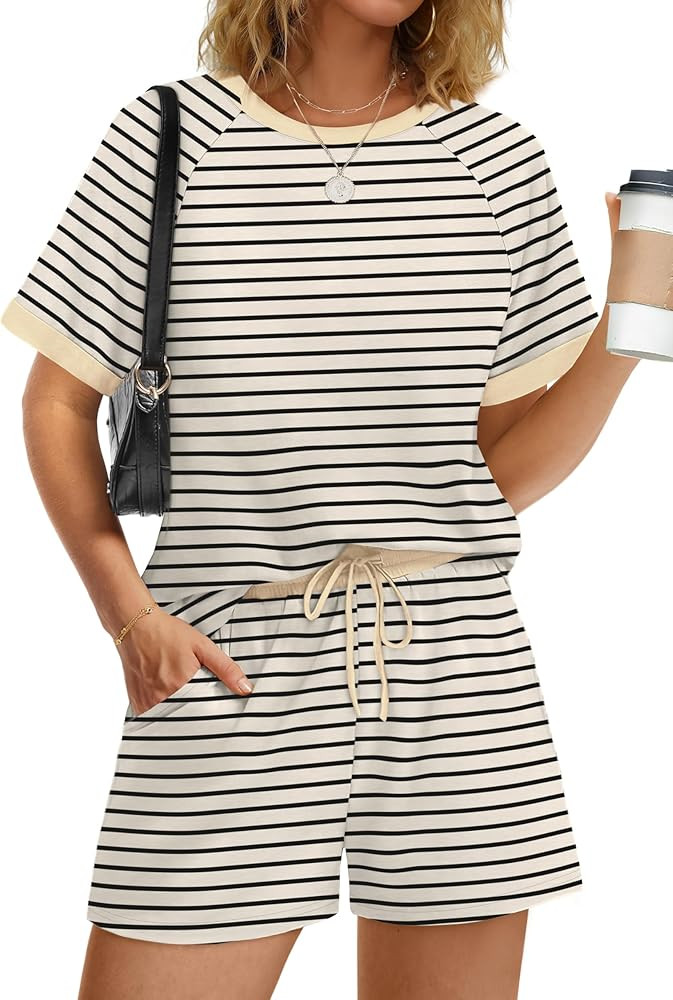 WIHOLL Two Piece Short Sets for Women Casual Summer Outfits Short Sleeve Crew Neck Lounge Matchin... | Amazon (US)