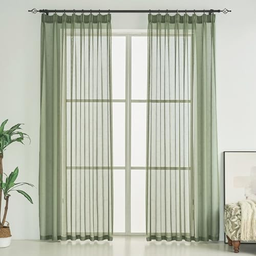 Ftinala Green Sheer Curtains 90 Inches Long, Thin Textured Linen Look Privacy See Through Drapes, Sage Light Filtering Window Treatments 2 Panels, DIY Pinch Pleat Sliding Glass Door Curtain | Amazon (US)