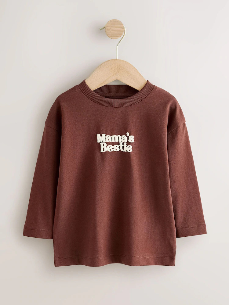 Chocolate Brown Mama's Bestie Slogan Long Sleeve Small Graphic Printed T-Shirt (3mths-7yrs) | Next US