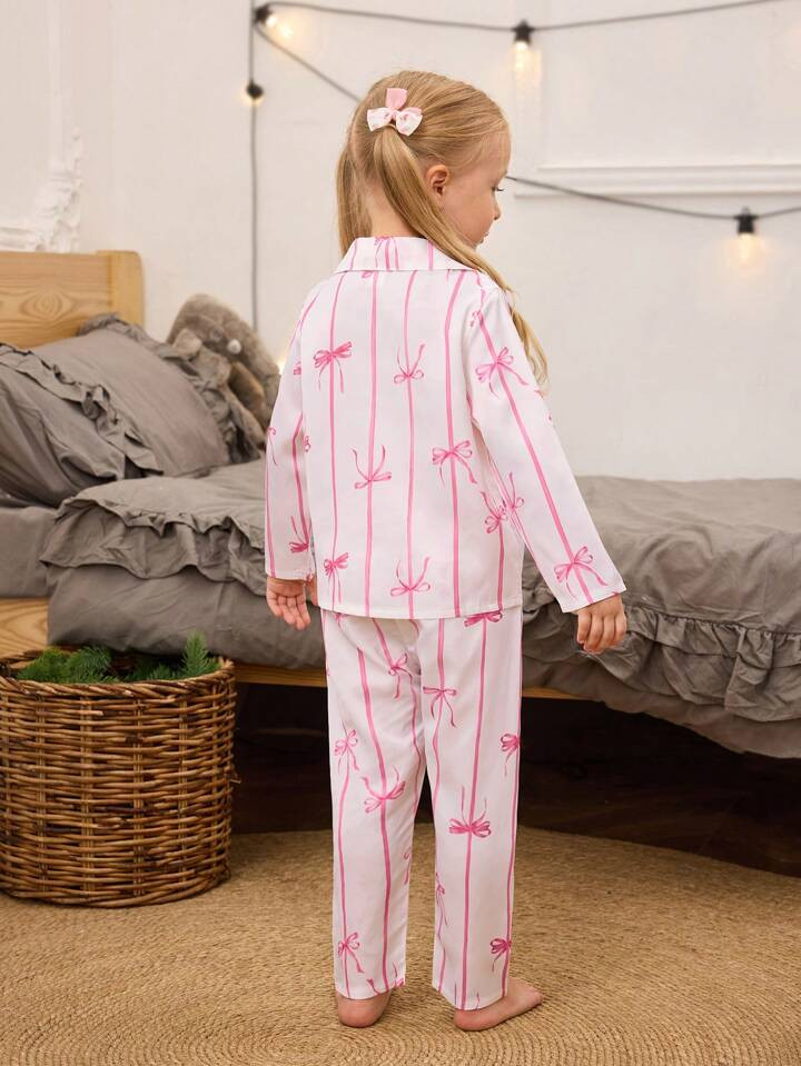 Young Girl Simple Fashion Bow Print Long Sleeve Cardigan And Pants Comfortable & Flame Retardant ... | SHEIN