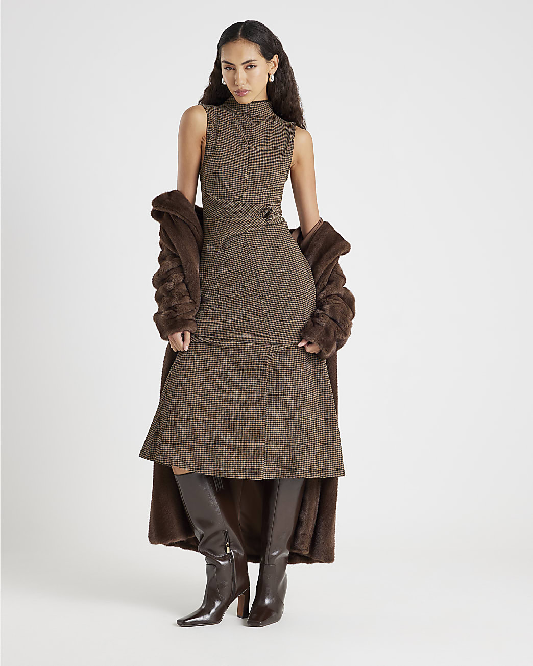 Brown Twist Side Check Dress | River Island UK & IE