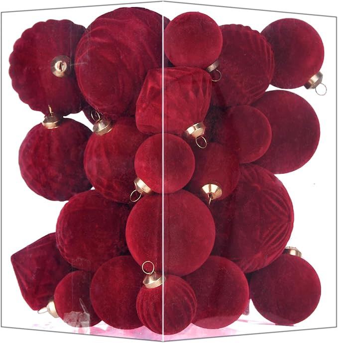Flocked Ornaments for Christmas Tree Decorations - 35pcs Burgundy Velvet Ball Ornament for Winter... | Amazon (US)