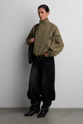 HIGH FUNNEL NECK CROPPED DRAWSTRING JACKET Charcoal / Large | OAK + FORT