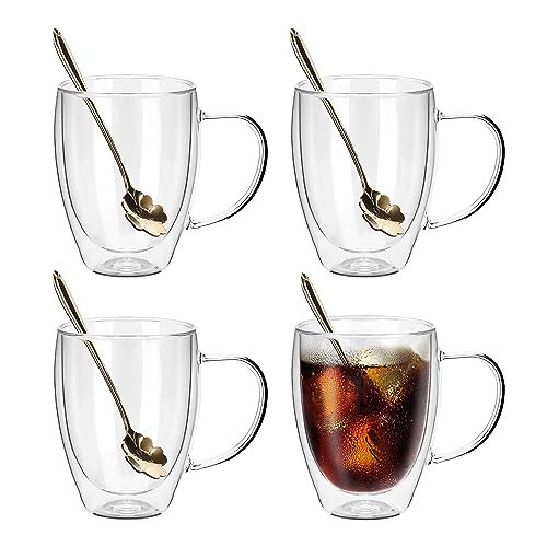 JNSMFC Double Walled Glass Coffee Mugs with Handle,4-Pack 12oz Insulated Glass Coffee Mugs Set,Clear Glass Coffee Cups for Espresso, Latte, Cappuccino,Wine,Tea Bag, Hot Beverage(Extra Spoons) | Amazon (US)