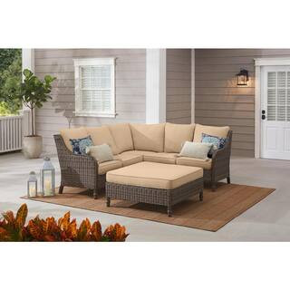 Hampton Bay Windsor 4-Piece Brown Wicker Outdoor Patio Sectional Sofa with Ottoman and Sunbrella ... | The Home Depot