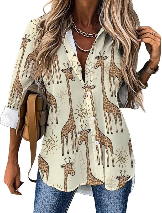 Novelty Womens Blouses V Neck Blouses Casual Long Sleeve Button Down Shirts Tops | Amazon (US)