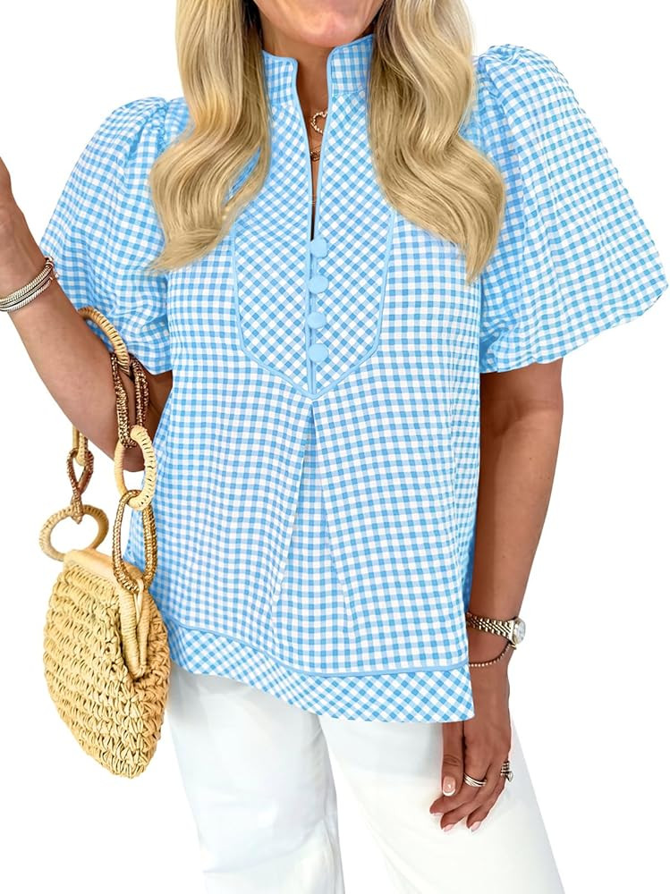 Tankaneo Womens Puff Short Sleeve Blouse Gingham Button V Neck Tops Summer Dressy Casual Loose Fi... | Amazon (US)