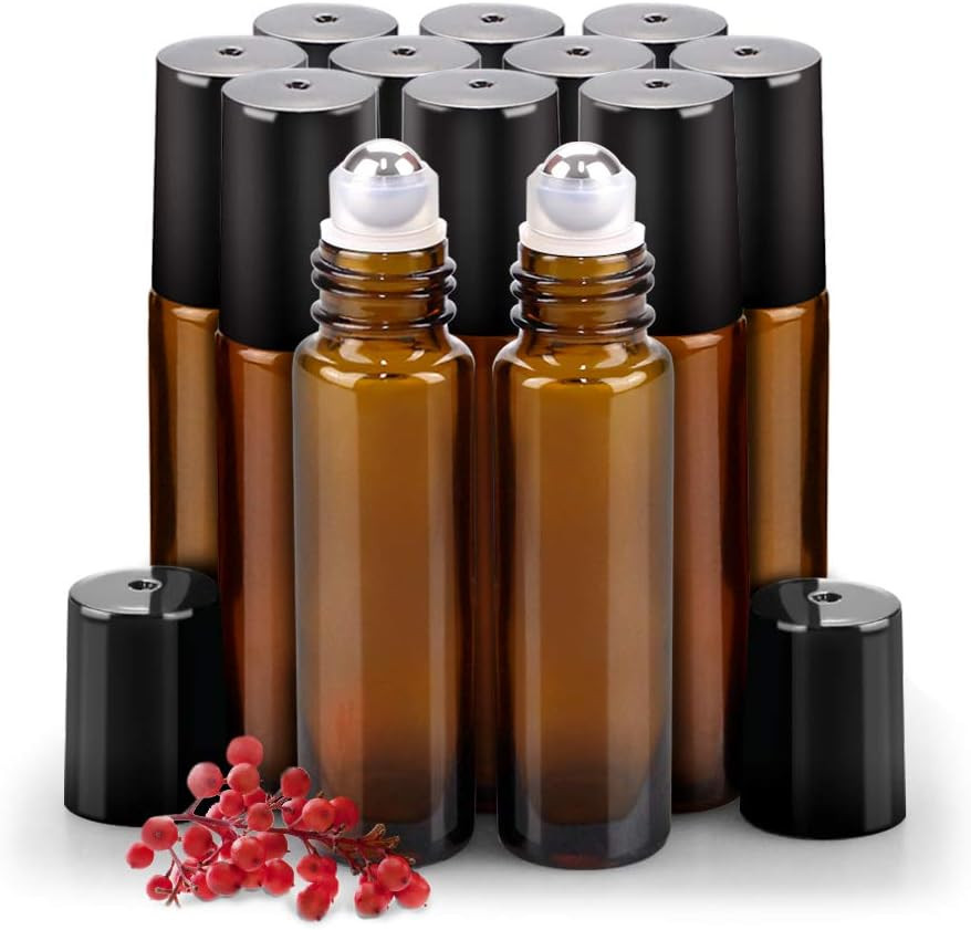 sungwoo 12 Pack Essential Oil Roller Bottles Stainless Steel, 10ml Amber Glass Roller Bottles wit... | Amazon (US)