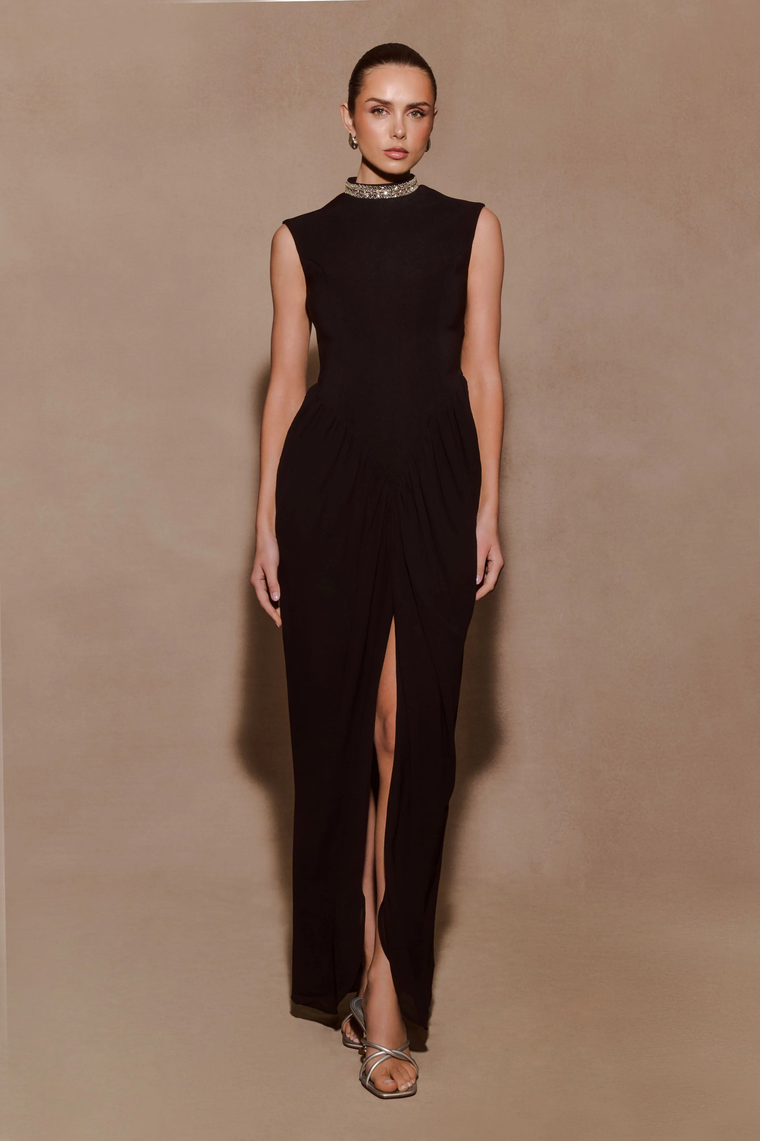 Elisa Diamante Neck Maxi Dress - Black | MESHKI US