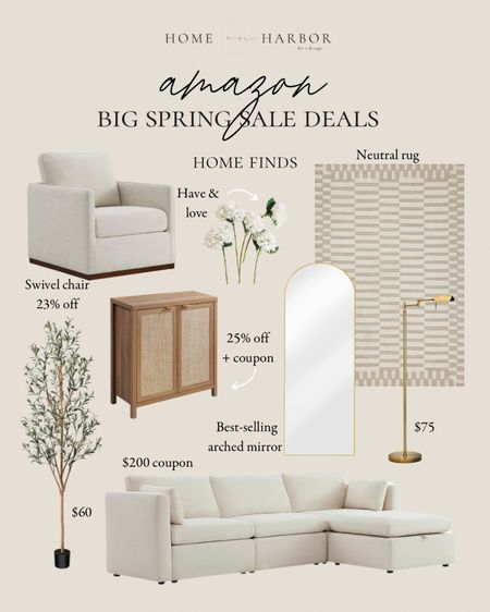 Amazon Big Spring Sale home finds! Swivel chair, sofa, neutral rug, gold arched mirror, brass floor lamp, faux olive tree, faux hydrangeas, viral cabinet 

#deals #dealoftheday

#LTKSeasonal #LTKhome #LTKsalealert