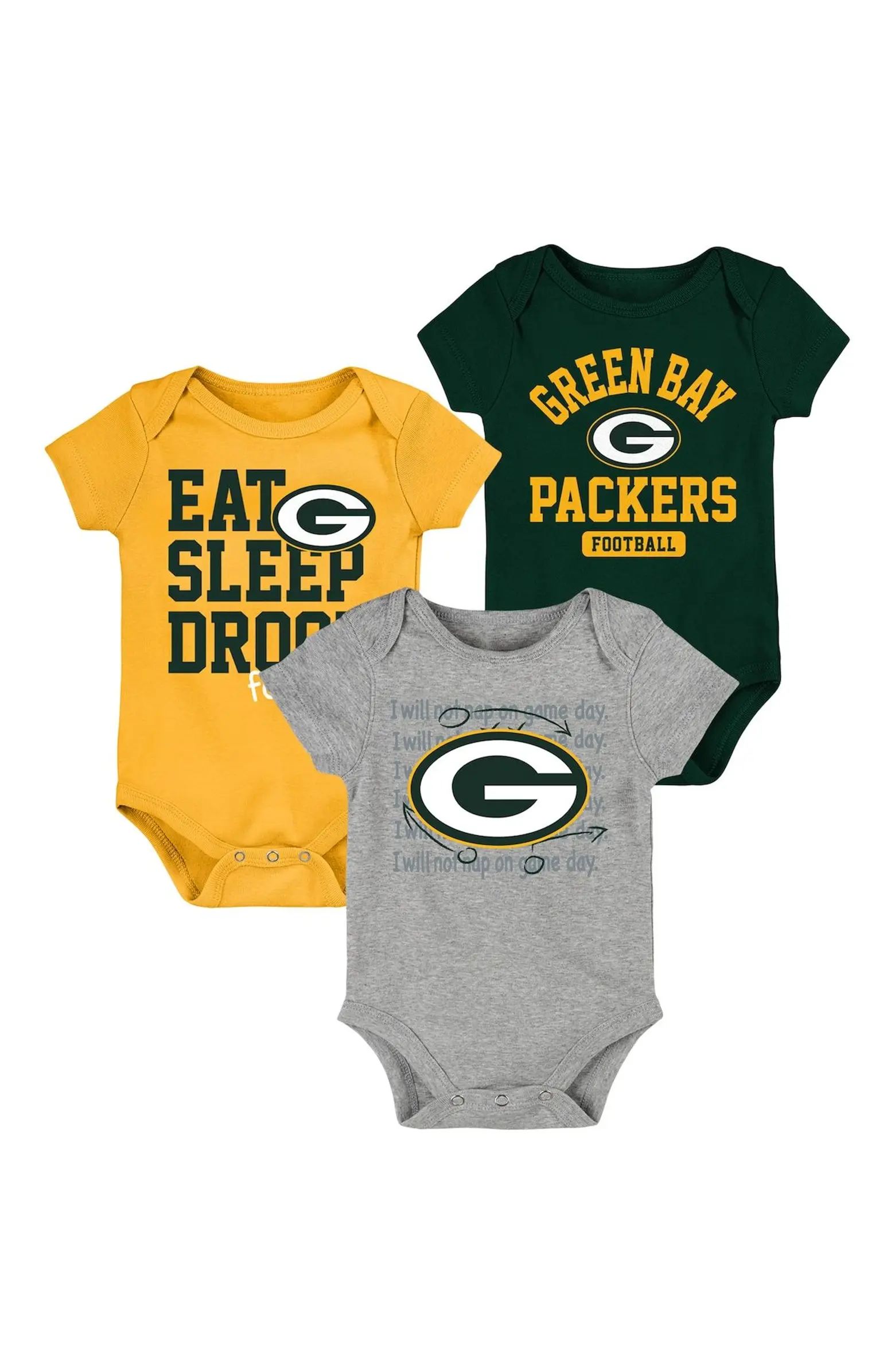 Newborn & Infant Green/Gold Green Bay Packers Eat Sleep Drool Football Three-Piece Bodysuit Set | Nordstrom