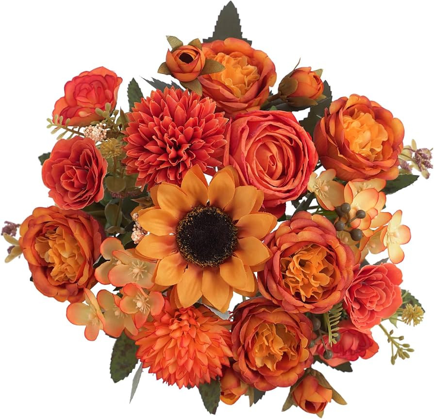 4 Pcs Mixed Autumn Artificial Peony Flower Set-2 Bouquets & 2 Stems, Orange Yellow Fake Peony Sun... | Amazon (US)