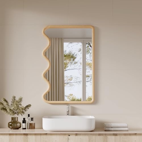ULIKE Wavy Mirror for Wall, Rustic Wood Mirror for Bathroom Vanity, 24x36 Wooden Wall Mirrors Decorative for Bedroom, Living Room, Entryway, Natural | Amazon (US)