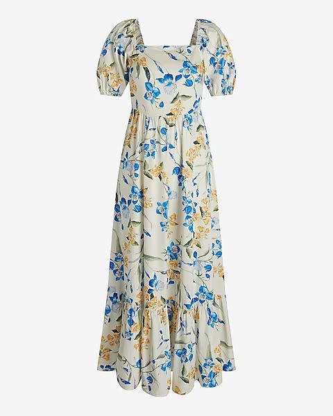 Floral Square Neck Puff Sleeve Tiered Poplin Midi Dress | Express