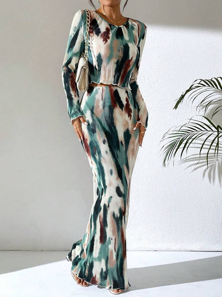 SHEIN Raffinéa 2pcs/Set Crew Neck Long Sleeve Top And Elasticated Waist Fitted Mini Skirt With T... | SHEIN