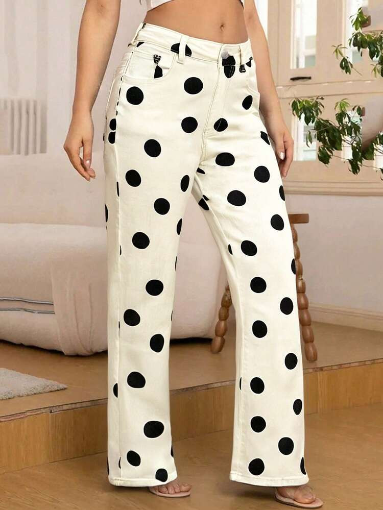 Retro Sweet New Element Polka Dot Elastic White Front Pocket Straight Leg Pants | SHEIN