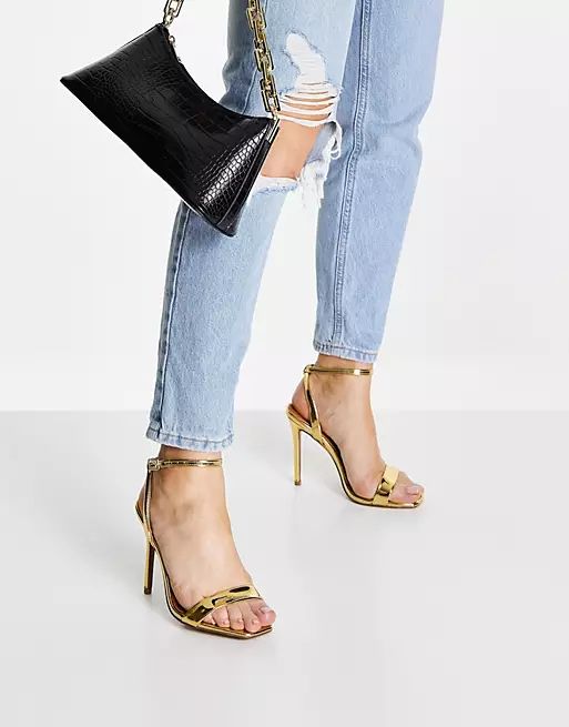 ASOS DESIGN Neva barely there heeled sandals in gold | ASOS (Global)