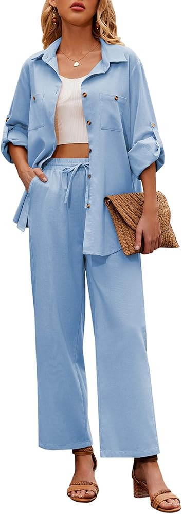 Zeagoo Women 2 Piece Linen Sets 2023 Button Down Shirt and Drawstring Long Pants Set Summer Outfi... | Amazon (US)