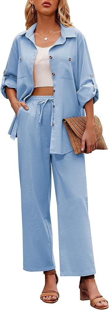 Zeagoo Women 2 Piece Linen Sets 2023 Button Down Shirt and Drawstring Long Pants Set Summer Outfi... | Amazon (US)