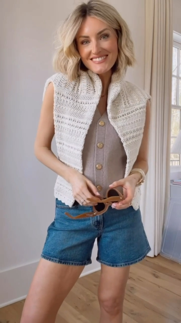 A simple, cute look for spring! Love this classic sweater vest - the gold buttons are so pretty! I draped a crochet cardigan over my shoulders & paired it with these denim shorts that are a great length for moms! Wearing S/26! I probably should’ve sized up one more size in the shorts being post partum, but I normally get a 26 in these shorts!

Loverly Grey, Abercrombie, spring outfit, denim shorts, spring staples, spring sweater 

#LTKSeasonal