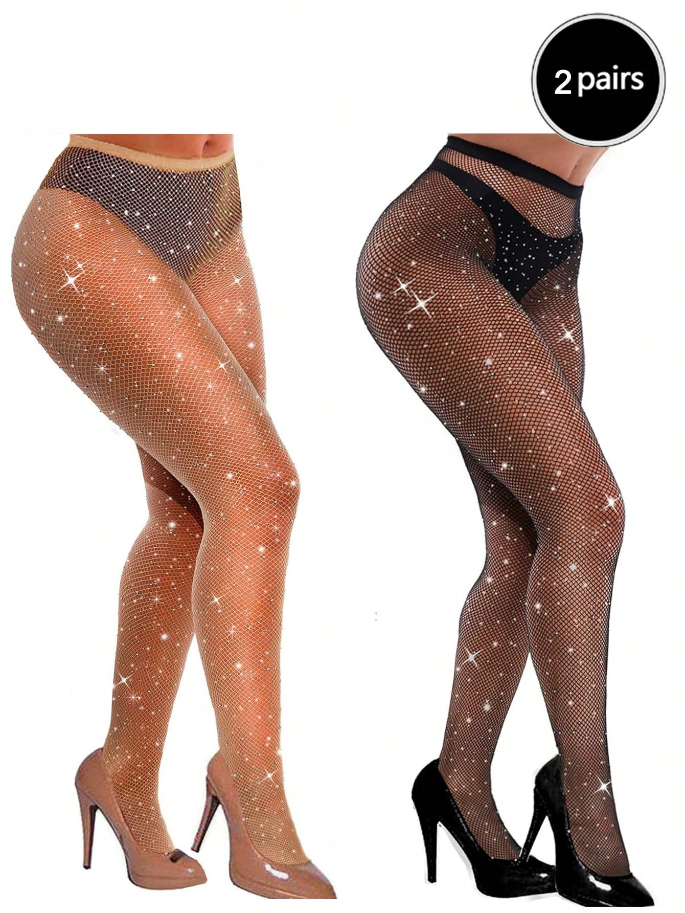 NewTrends2 Pairs Women Shiny Fishnet Stockings, Rhinestone Fishnet Leggings, Plus Size, Flatterin... | SHEIN