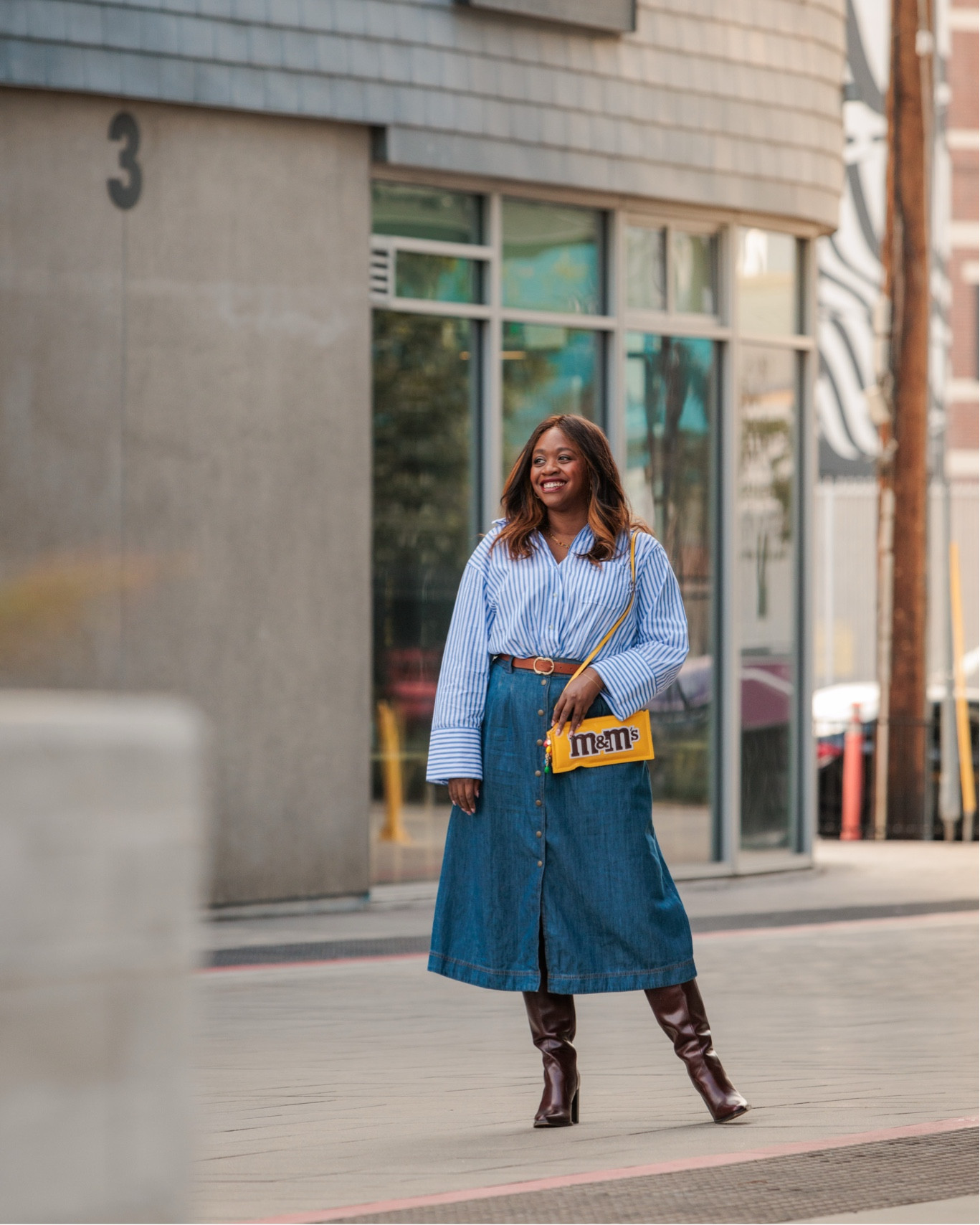 Denim skirt, striped button down, and a statement bag!

#LTKItBag