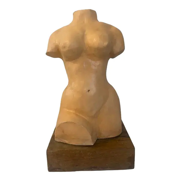 Vintage Pottery Nude Female Torso Bust Sculpture on Wood Block, Circa 1977 Signed | Chairish