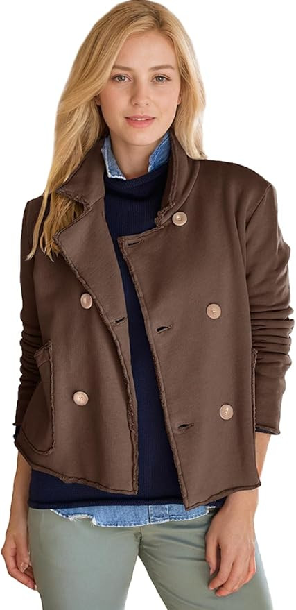 Women's Cropped Pea Coat Notched Lapel Double Breasted Trench Overcoat Blazer Jacket with Pockets | Amazon (US)
