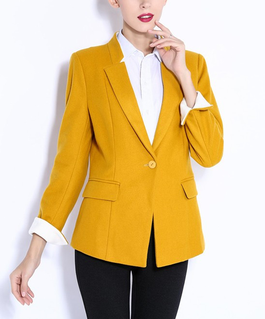 Coeur de Vague Women's Blazers Yellow - Yellow Wool-Blend Single-Breasted Blazer - Women | Zulily